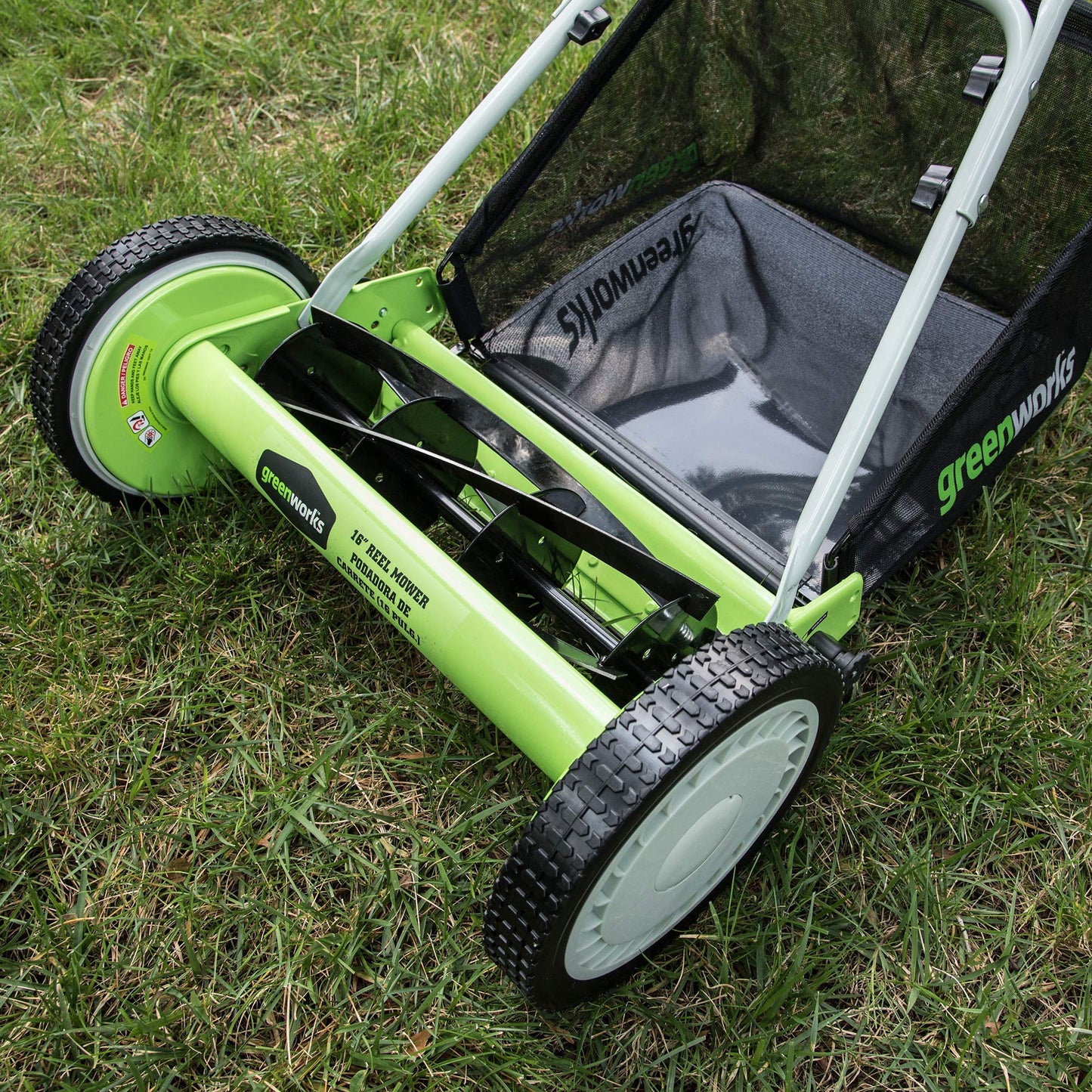 Greenworks 16-Inch Reel Lawn Mower with Grass Catcher 25052,Black/Green, 47" D x 22" W x 29.75" H - Available at All In One Marketplace Canada