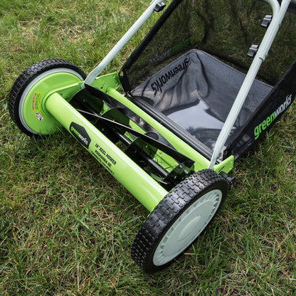 Greenworks 16-Inch Reel Lawn Mower with Grass Catcher 25052,Black/Green, 47" D x 22" W x 29.75" H - Available at All In One Marketplace Canada