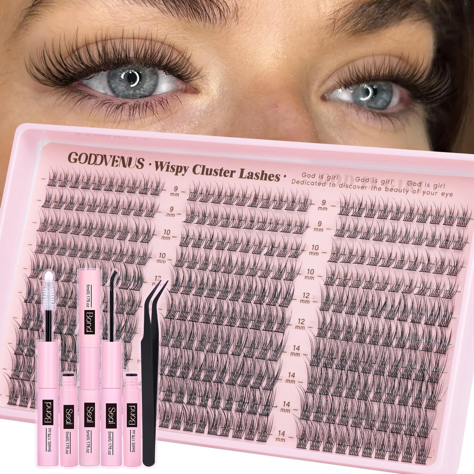 Goddvenus Lash Clusters Kit 9-14mm 300pcs Wispy Eyelash Cluster Lashes Natural DIY Lash Extension Kit Short Cluster Eyelash Extensions C Curl