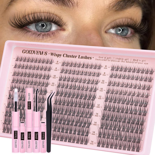 Goddvenus Lash Clusters Kit 9-14mm 300pcs Wispy Eyelash Cluster Lashes Natural DIY Lash Extension Kit Short Cluster Eyelash Extensions C Curl