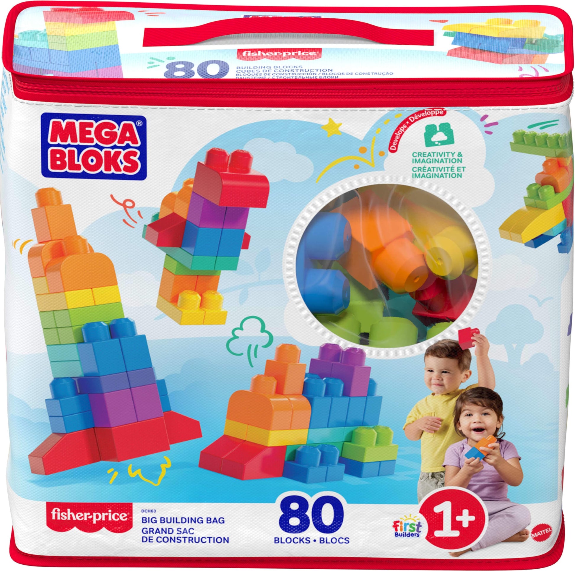 MEGA BLOKS First Builders Toddler Blocks Toys Set, Big Building Bag Collection with 80 Pieces and Storage, Blue, Ages 1+ Years