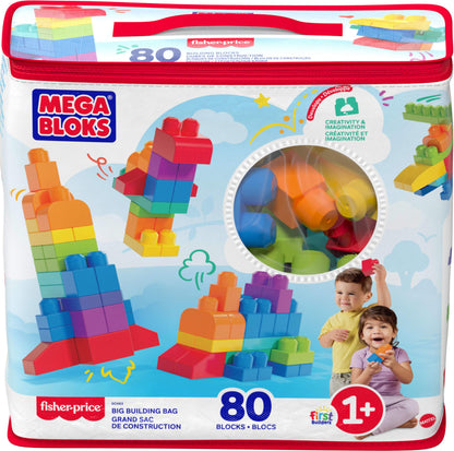 MEGA BLOKS First Builders Toddler Blocks Toys Set, Big Building Bag Collection with 80 Pieces and Storage, Blue, Ages 1+ Years