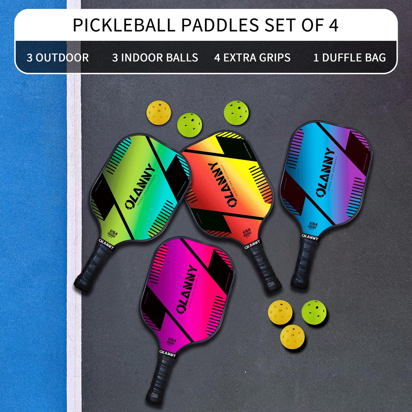OLANNY Graphite Pickleball Paddles 4 Pack - Premium Rackets Fiber Face & Polymer Honeycomb Core Pickleball Set Includes 4 Pickleball Paddles + Balls+1 Bag (Gradient Pickleball Paddles)