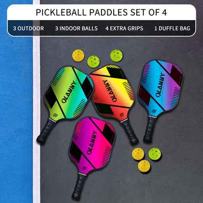 OLANNY Graphite Pickleball Paddles 4 Pack - Premium Rackets Fiber Face & Polymer Honeycomb Core Pickleball Set Includes 4 Pickleball Paddles + Balls+1 Bag (Gradient Pickleball Paddles)