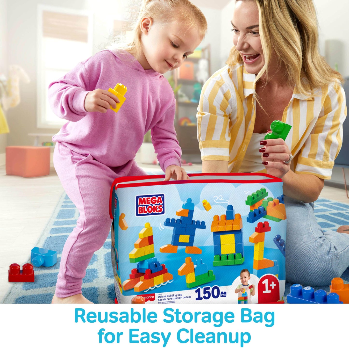 MEGA BLOKS First Builders Toddler Blocks Toys Set, Deluxe Building Bag with 150 Pieces and Storage, Blue, Ages 1+ Years