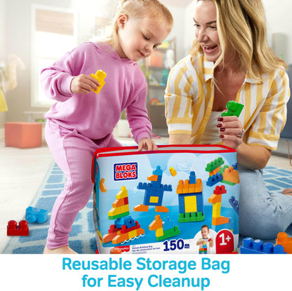 MEGA BLOKS First Builders Toddler Blocks Toys Set, Deluxe Building Bag with 150 Pieces and Storage, Blue, Ages 1+ Years