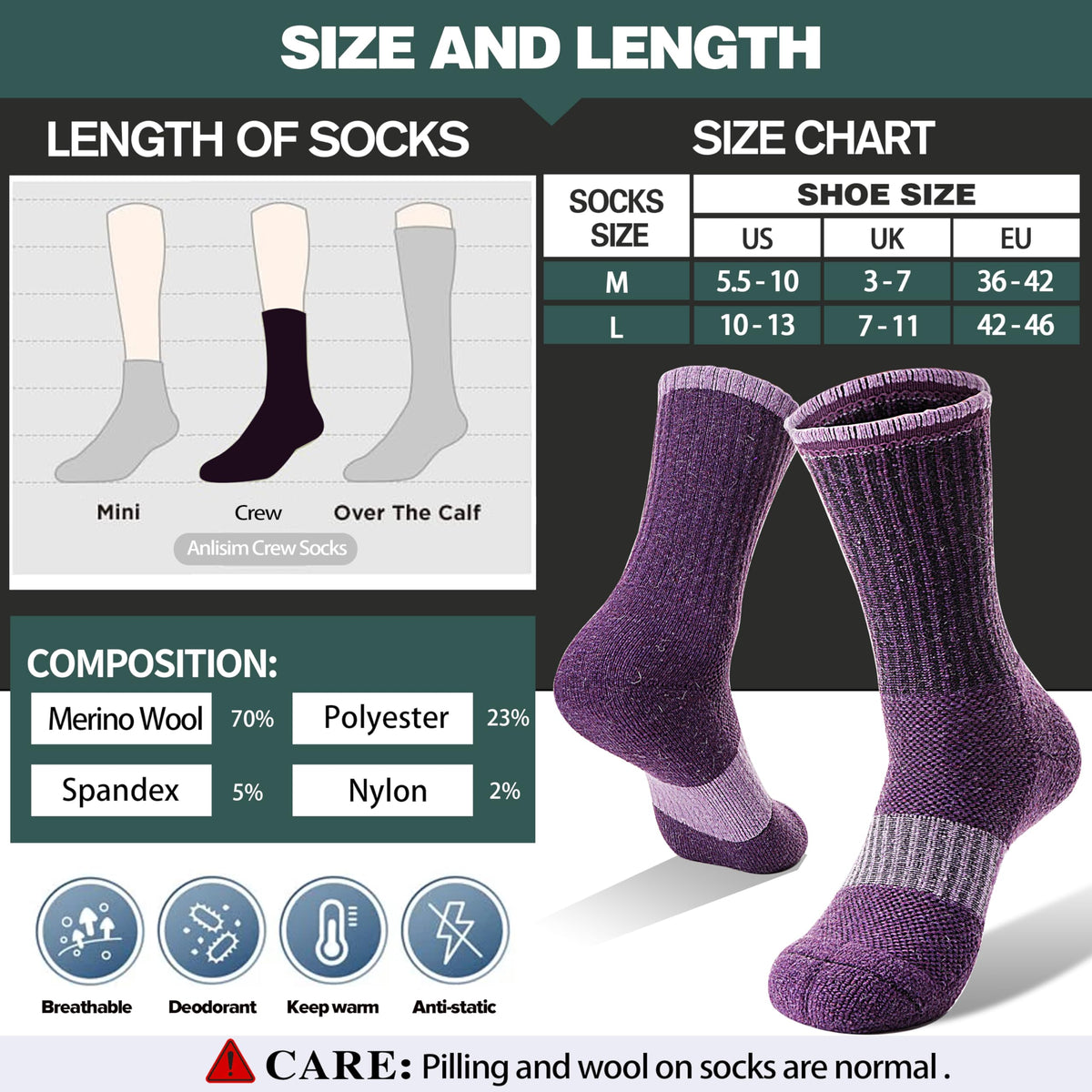 Anlisim Merino Wool Hiking Running Socks for Women, Boot Work Crew Socks 🍁 All In One Marketplace Canada
