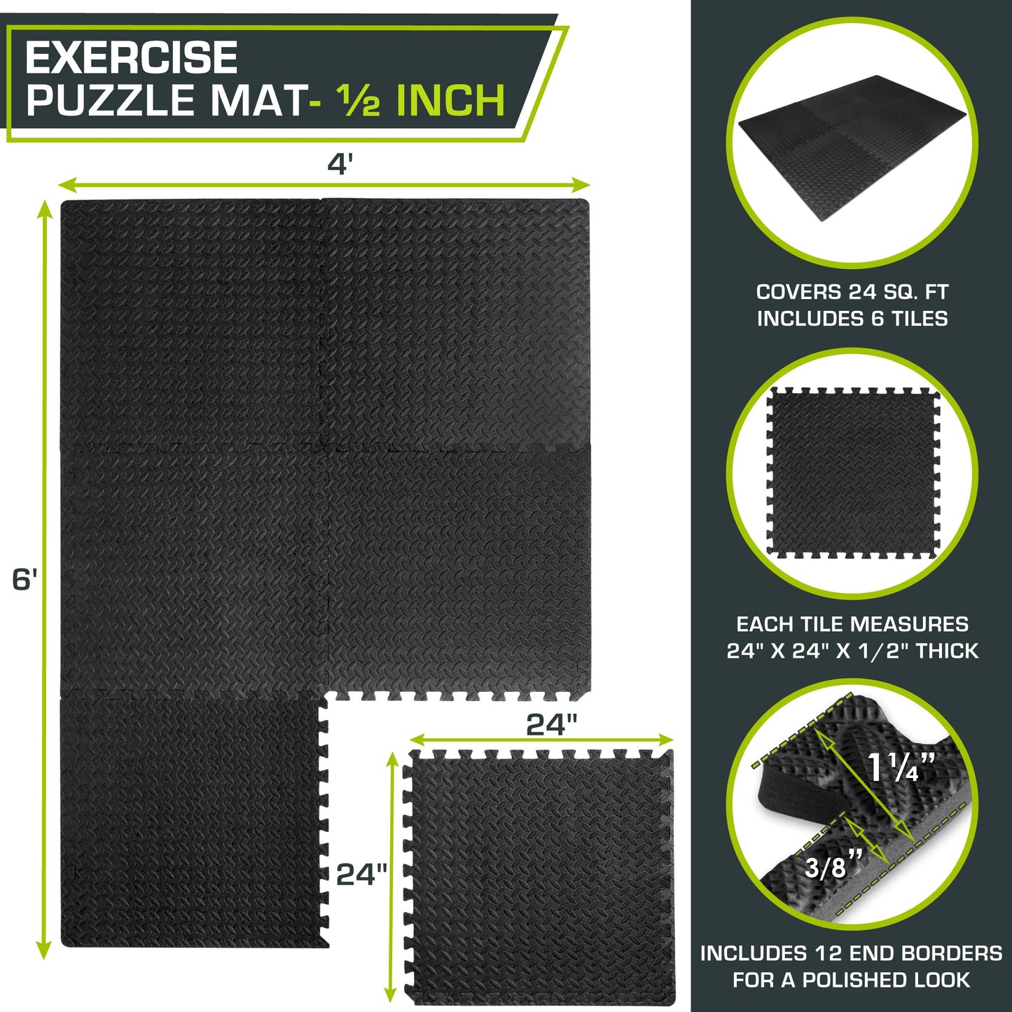 ProsourceFit Exercise Puzzle Mat 1/2-inch, EVA Interlocking Foam Floor Tiles for Home Gym, Workout Equipment, Kids Play Areas, Black, 24 SQ FT - 6 Tiles 🍁 All In One Marketplace Canada