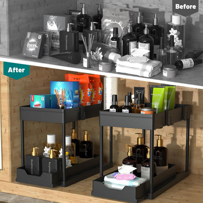 2-PACK Under Sink Organizers and Storage with Sliding Drawer, 2-Tier Bathroom Under Sink Shelf Rack,Multi-Functional Cabinet Storage Space Saver For Kitchen/Bathroom/Bedroom/Office. - Available at All In One Marketplace Canada