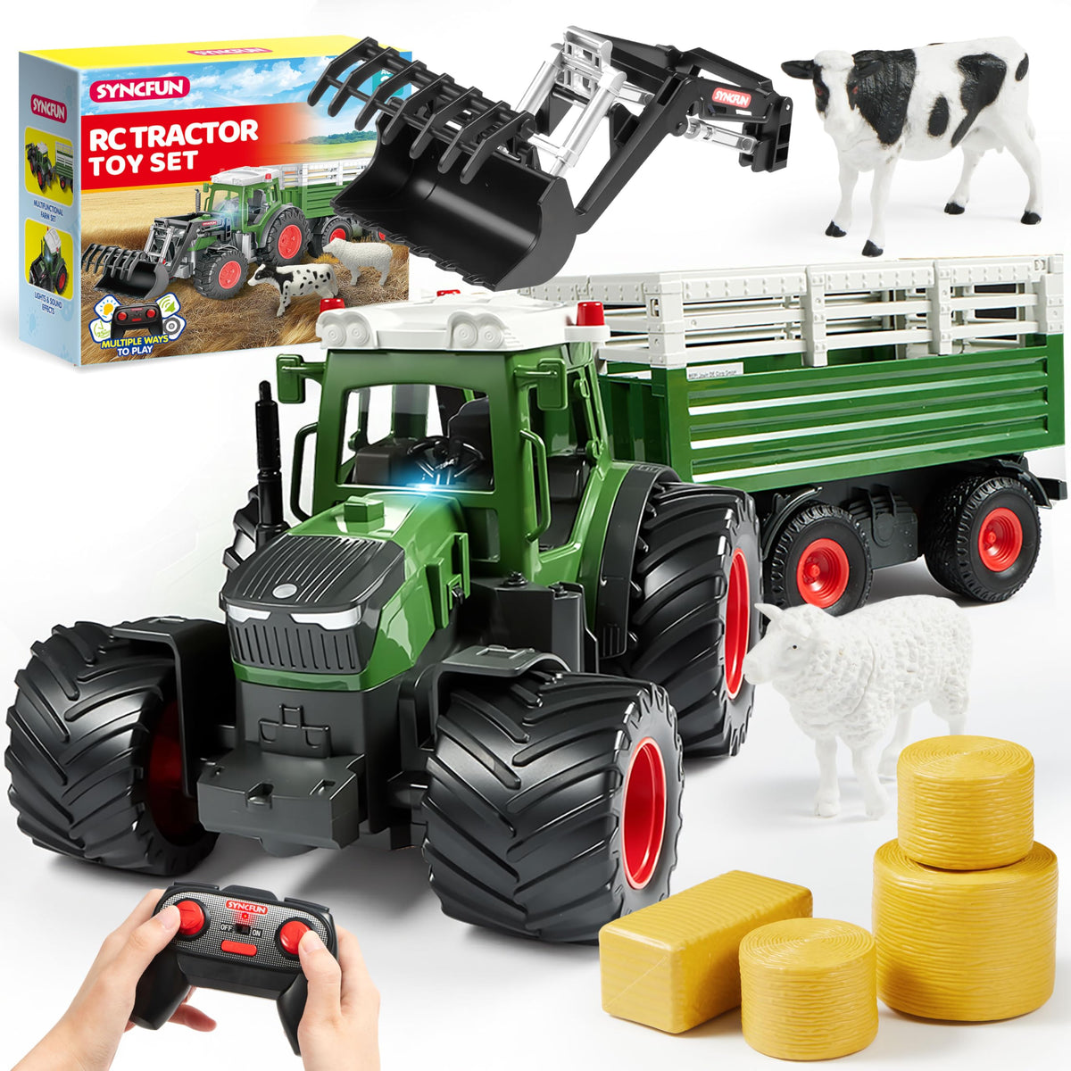 Syncfun Remote Control Tractor Toy Set – Rechangeable RC Truck Toys with Trailer, Loader, Lights & Sounds, Toddler Farm Vehicles Toys, Kids Toys for 2 3 4 5 6 Years Old Boys, Christmas Birthday Gifts 🍁 All In One Marketplace Canada