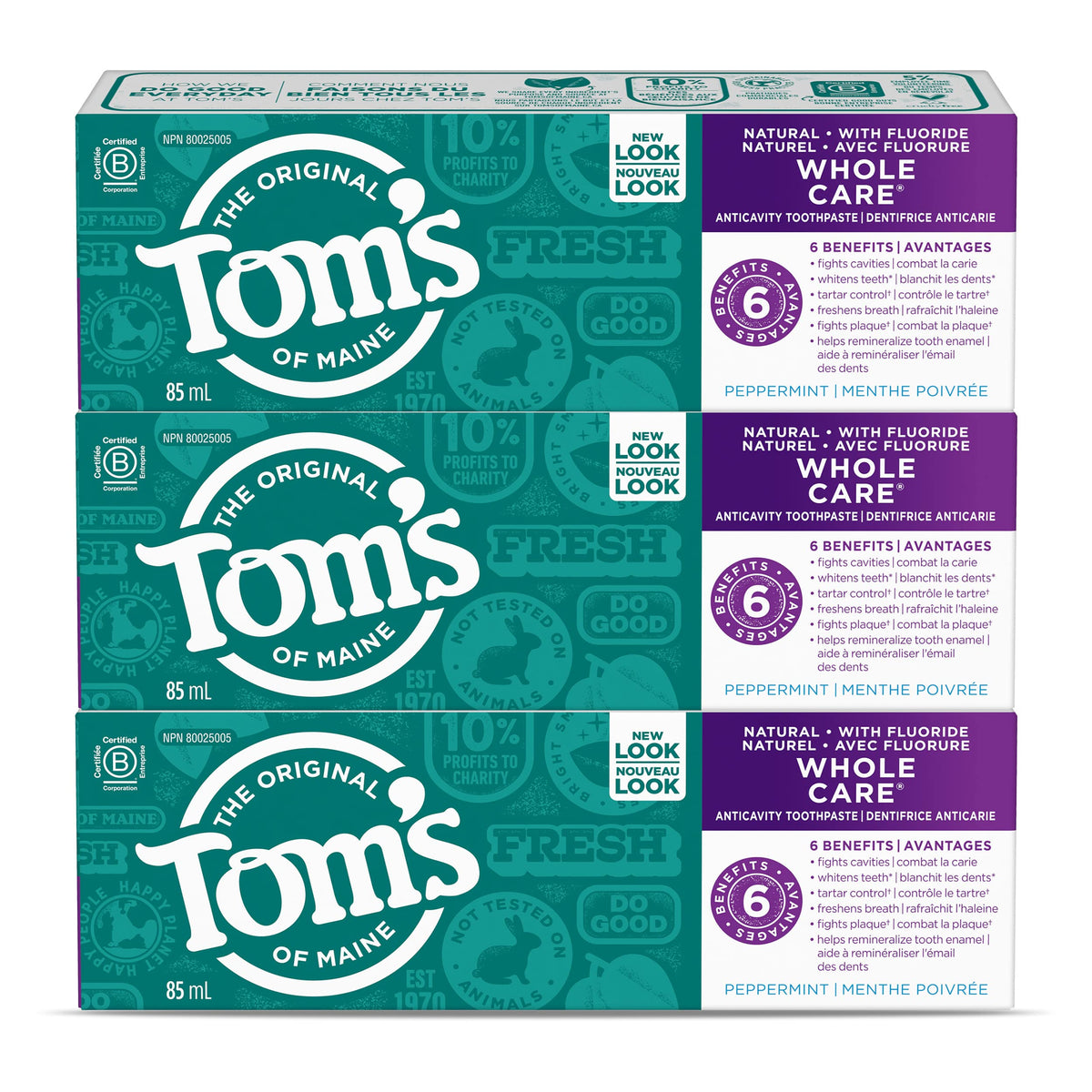 Tom's of Maine Whole Care Fluoride Natural Toothpaste, Peppermint, 85 mL, Wholecare Fluoride, 3 pack , Amazon Exclusive 🍁 All In One Marketplace Canada
