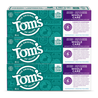 Tom's of Maine Whole Care Fluoride Natural Toothpaste, Peppermint, 85 mL, Wholecare Fluoride, 3 pack , Amazon Exclusive 🍁 All In One Marketplace Canada