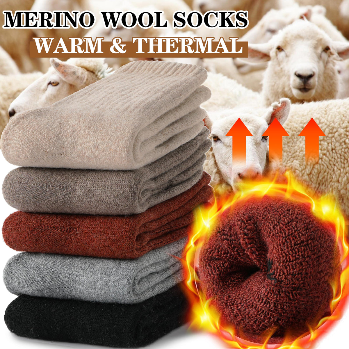 MOGGEI Womens Merino Wool Socks for Hiking Thermal Warm Thick Winter Cozy Crew Cabin Ladies Comfy Work Gift Boot Socks 5 Pairs(Beige/Khaki/Grey/Red/Black) 🍁 All In One Marketplace Canada
