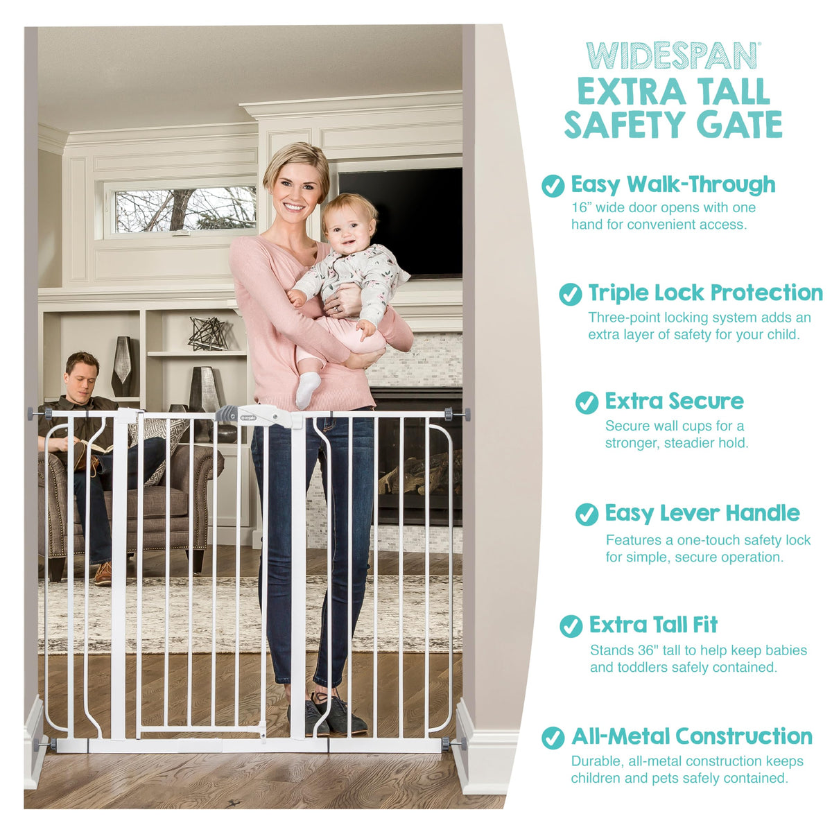 Regalo 37-Inch Extra Tall and 49-Inch Wide Walk Thru Baby Gate, Includes 4-Inch and 12-inch Extension Kit, 4 Pack of Pressure Mount Kit and 4 Pack of Wall Mount Kit