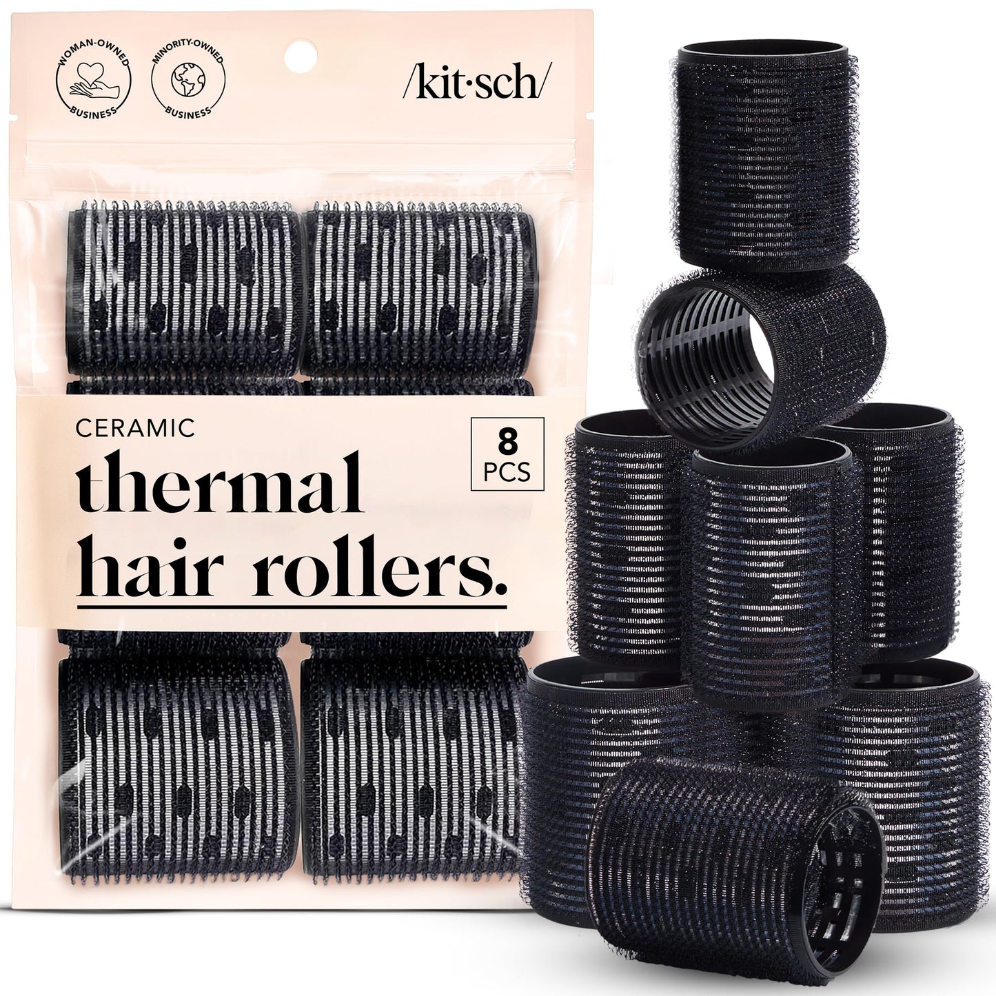 Kitsch Ceramic Thermal Hair Rollers for Women – Self Grip Hair Curlers for Heatless Curls Overnight - Volumizing Large Rollers for Short & Long Hair - For Long Lasting Frizz-Free Curls - Black, 8pcs - Available at All In One Marketplace Canada