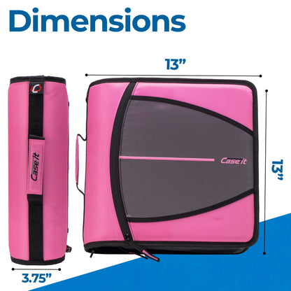 Case-it Mighty Zip Tab Zipper Binder, 3" O-Ring with 5-Color tabbes, Expanding File Folder and Shoulder Strap and Handle, D-146-Light Pink