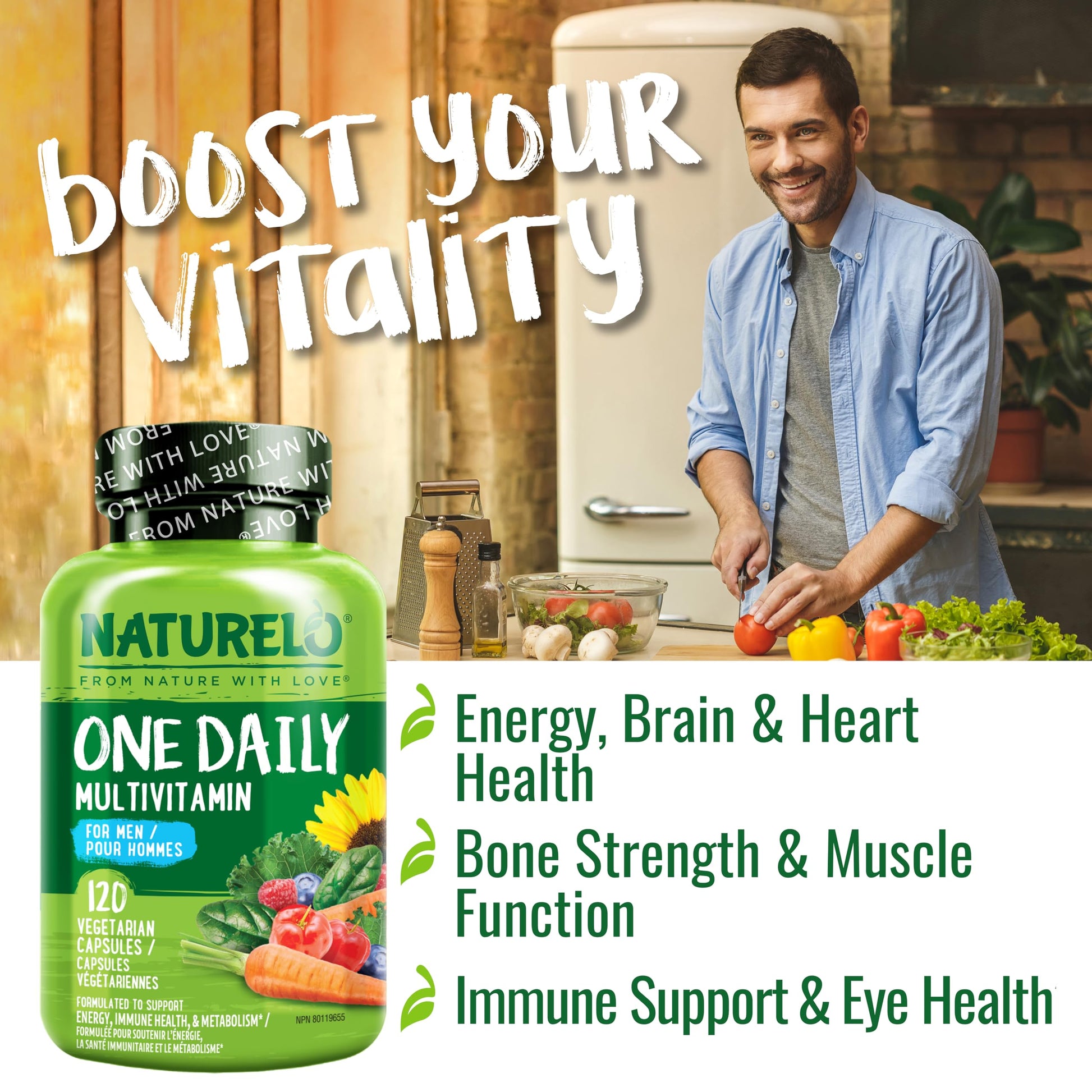 NATURELO Mens Multivitamins - One Daily Multivitamin for Men with Vitamins, Minerals & Organic Whole Foods, Boost Energy & Health, Non-GMO, 120 Vegetarian Capsules - Available at All In One Marketplace Canada