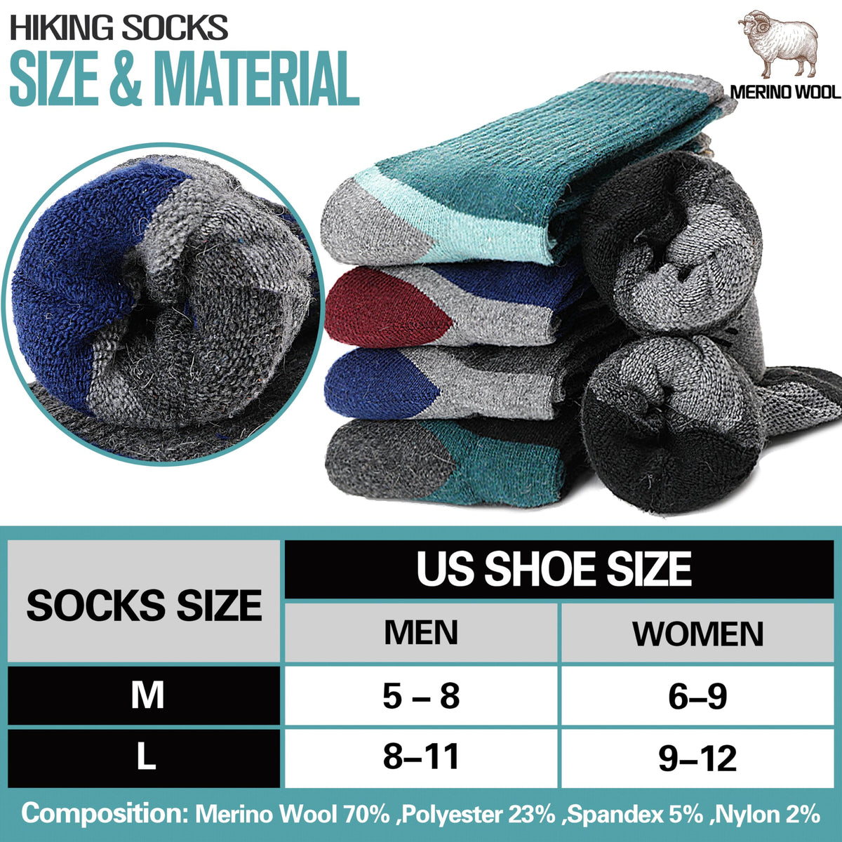 Merino Wool Hiking Socks for Women Men Thermal Warm Winter Crew Cozy Work Gifts Stocking Stuffers Socks for Women Men 5 Pairs (Dark,L) 🍁 All In One Marketplace Canada