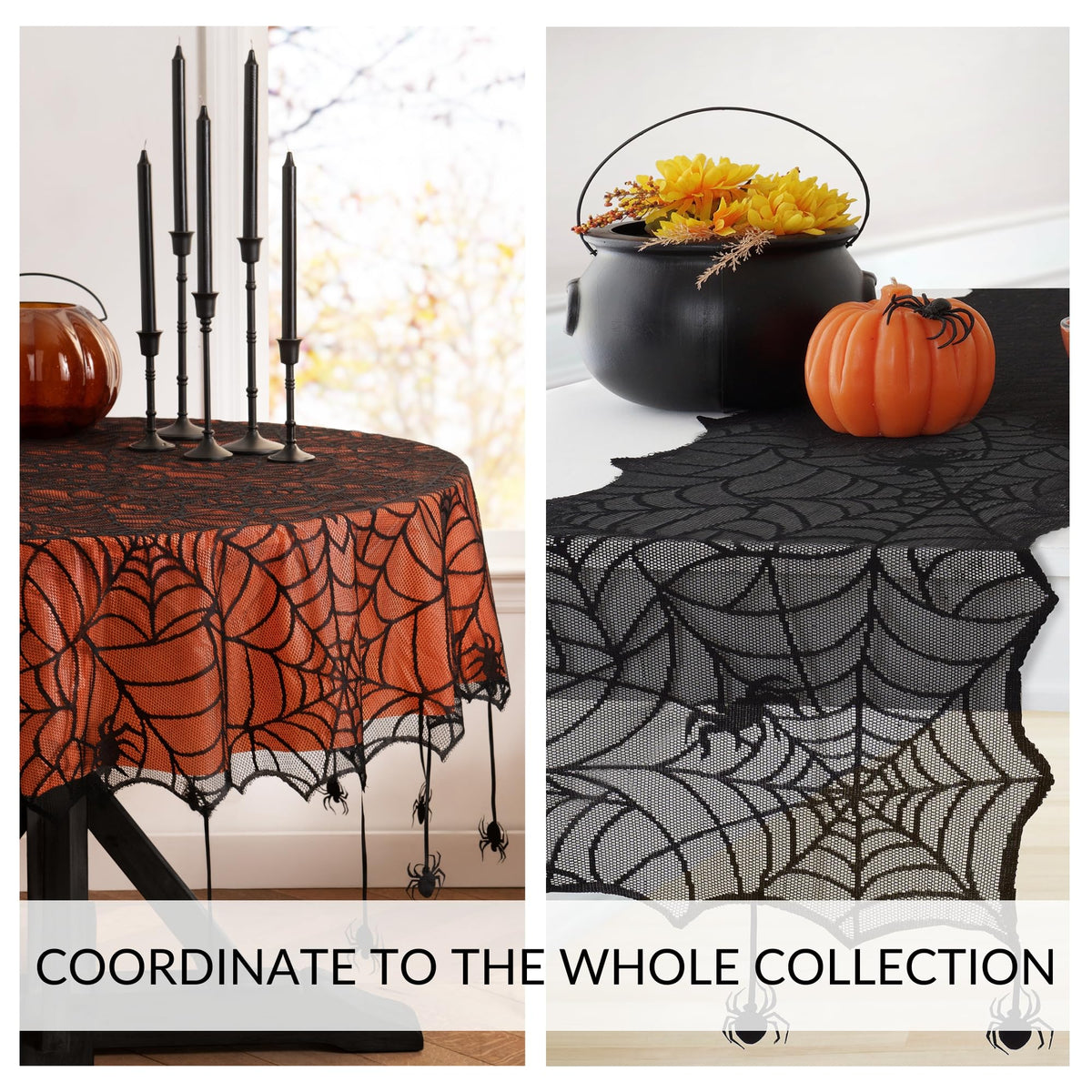 Elrene Home Fashions Crawling Halloween Spider Lace Lined Tablecloth, 70" Round, Black/Orange