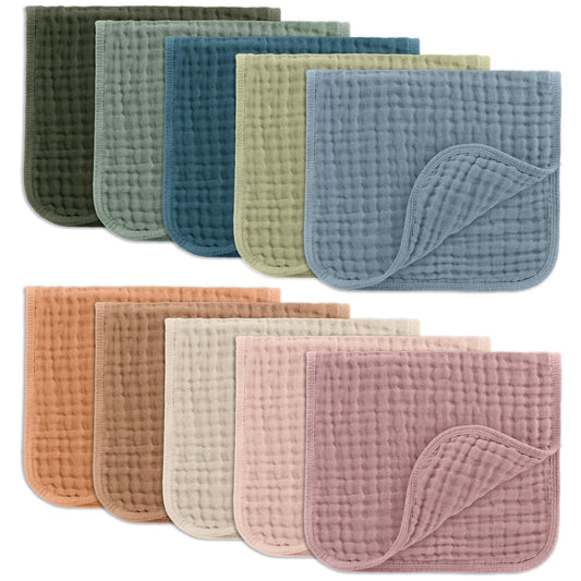 Comfy Cubs Muslin Burp Cloths Baby 50 x 25 cm, Pack of 10 - Large 6-Layer Ultra-Absorbent 100% Cotton for Babies Drool & Messes - Soft & Gentle Burp Cloth Baby Set for Boys & Girls - Multi