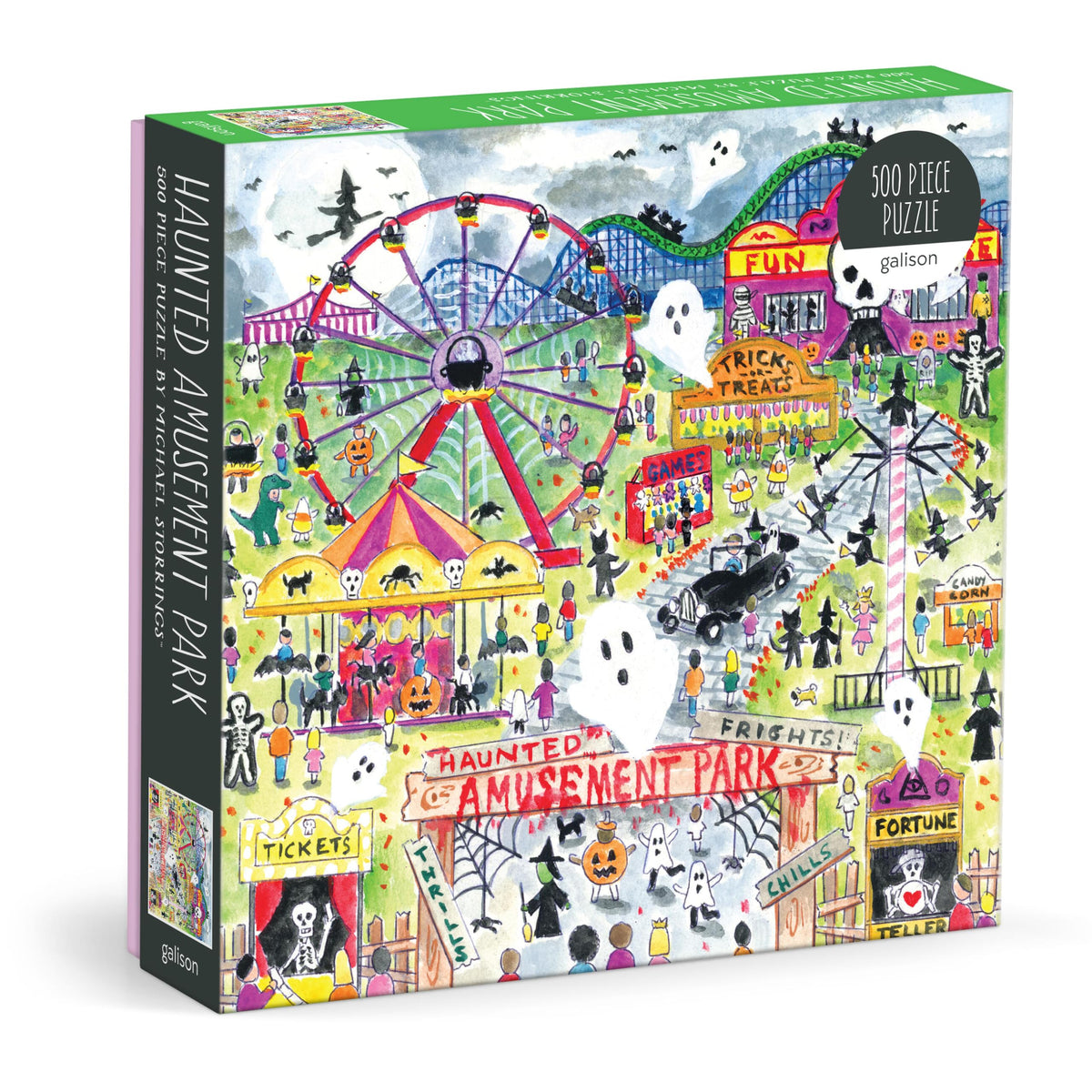Galison Michael Storrings Haunted Amusement Park Puzzle – 500 Piece Halloween Puzzle with Spooky Carnival Artwork