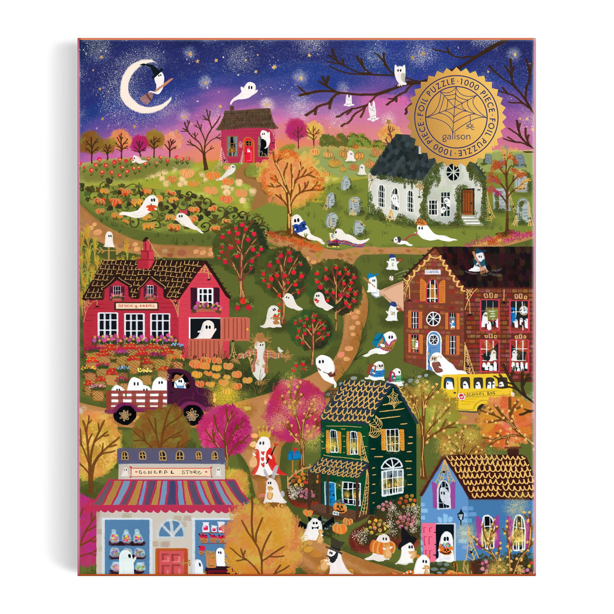 Galison Spooky Village – 1000 Piece Foil Joy Laforme Jigsaw Puzzle Featuring Spooky Artwork of Ghostly Village During Halloween