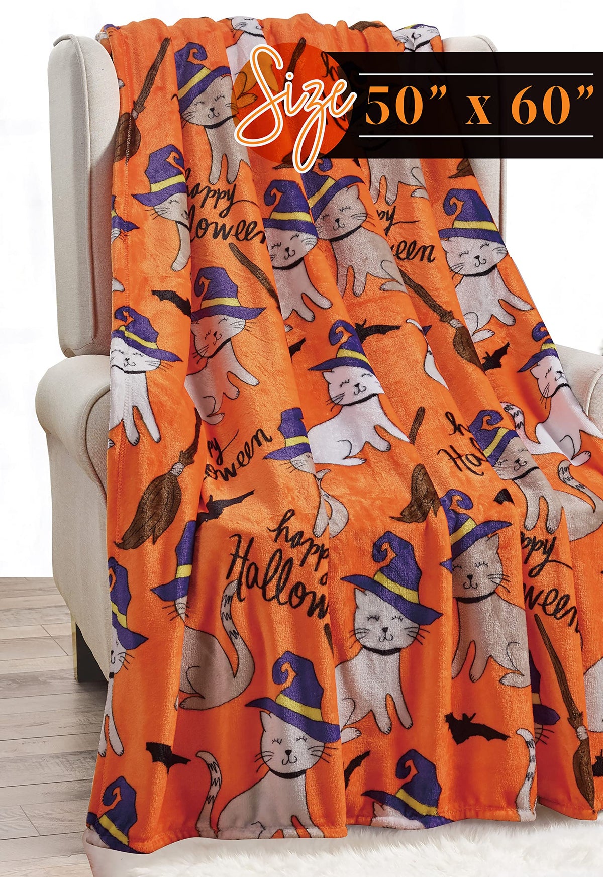 Elegant Comfort Lightweight Printed Throw Blanket- All Season, Ultra Soft, Cozy and Plush- Decorative Throw Blankets, Perfect for Lounging, 50 x 60 inches, Halloween Cats, Throw Blanket
