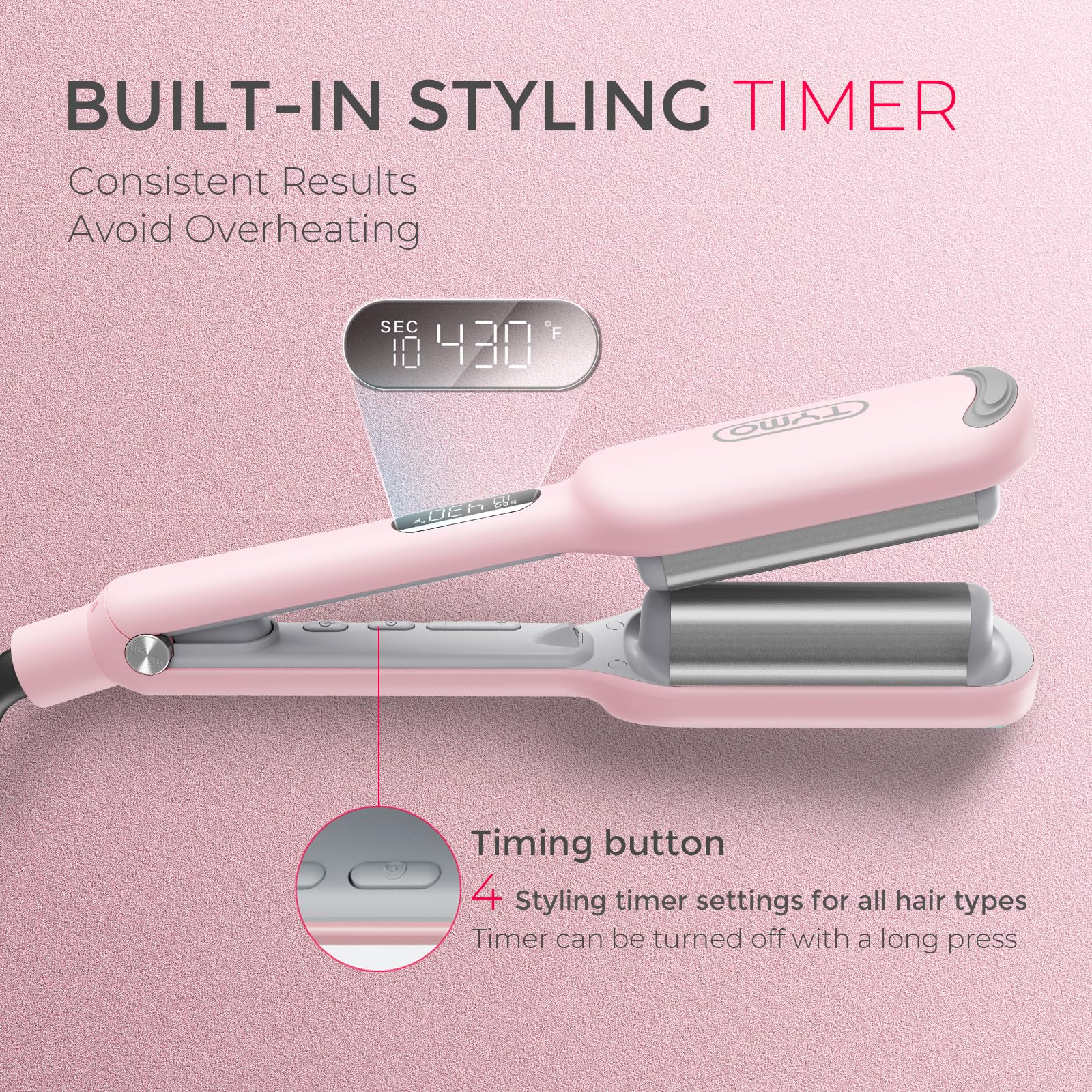 TYMO ROVY Hair Waver Curling Iron, 3-Barrel Ionic Hair Curler with 9 Heat Settings, Beach Waves Crimper for Women, Travel-Friendly, Anti-Scald, Fast Heating, Easy to Use, Pink, 1 inch - Available at All In One Marketplace Canada
