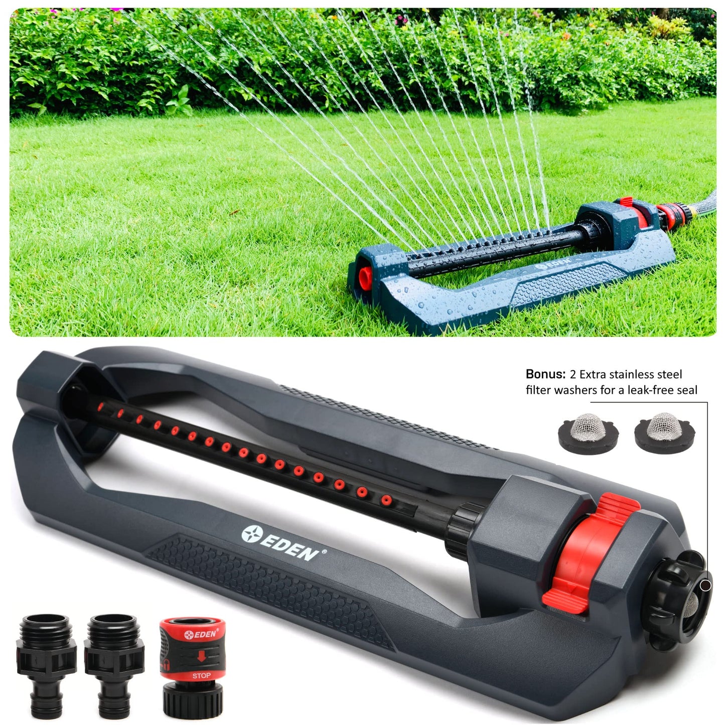 Eden 96213EDAMZ Weighted Essential Oscillating Sprinkler | Covers Up to 3,600 sq. ft., 16 Precision Nozzles, Adjustable Range, Turbo Drive Motor, Quick Connect Bundle, Stainless Steel Filters, Black