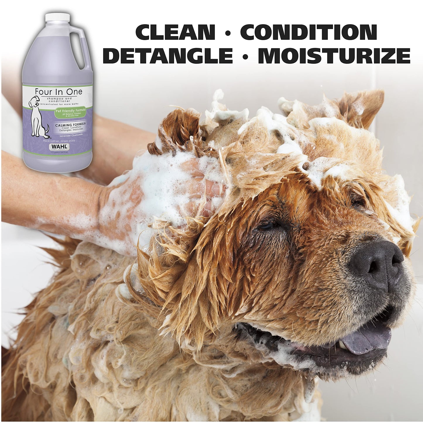 Wahl USA 4-in-1 Calming Pet Shampoo for Dogs with a Lavender Chamomile Scent – Cleans, Conditions, Detangles, & Moisturizes - Pet Friendly Formula – 64 Oz - Model 821000-050 Wahl