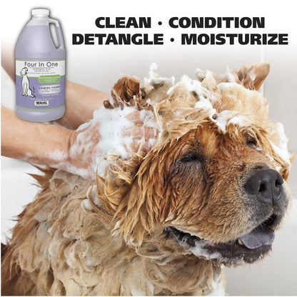 Wahl USA 4-in-1 Calming Pet Shampoo for Dogs with a Lavender Chamomile Scent – Cleans, Conditions, Detangles, & Moisturizes - Pet Friendly Formula – 64 Oz - Model 821000-050 Wahl