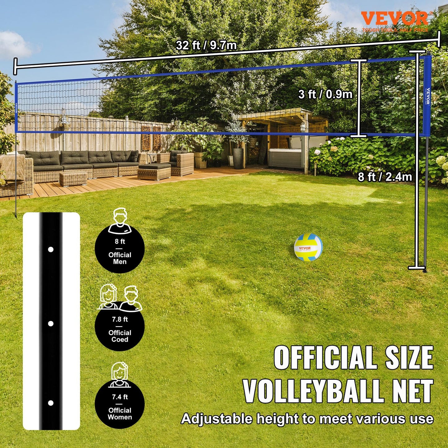 VEVOR Outdoor Portable Volleyball Net System, Adjustable Height Steel Poles, Professional Volleyball Set with PVC Volleyball, Pump, Carrying Bag, Heavy Duty Volleyball Net for Backyard, Beach, Lawn VEVOR
