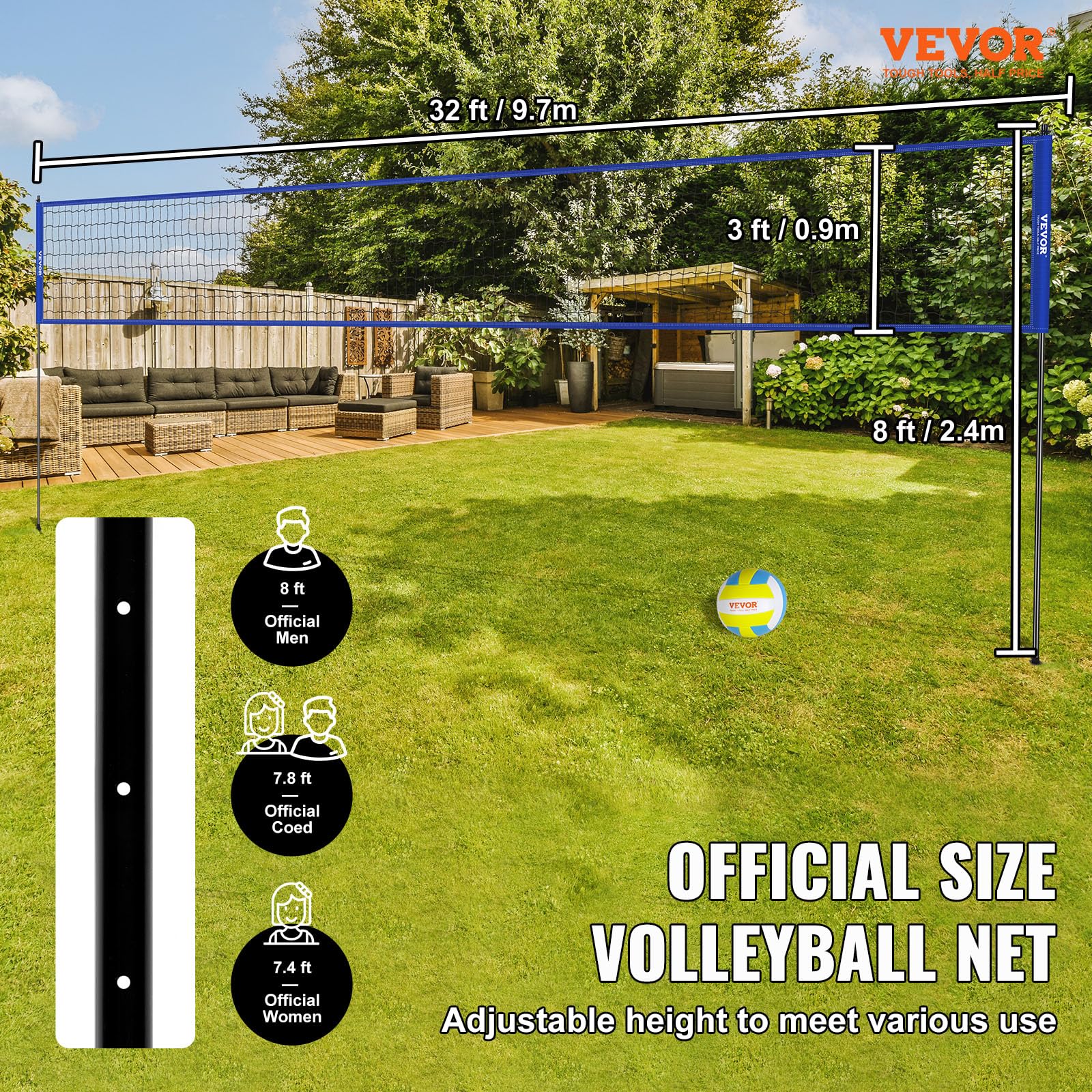 VEVOR Outdoor Portable Volleyball Net System, Adjustable Height Steel Poles, Professional Volleyball Set with PVC Volleyball, Pump, Carrying Bag, Heavy Duty Volleyball Net for Backyard, Beach, Lawn VEVOR