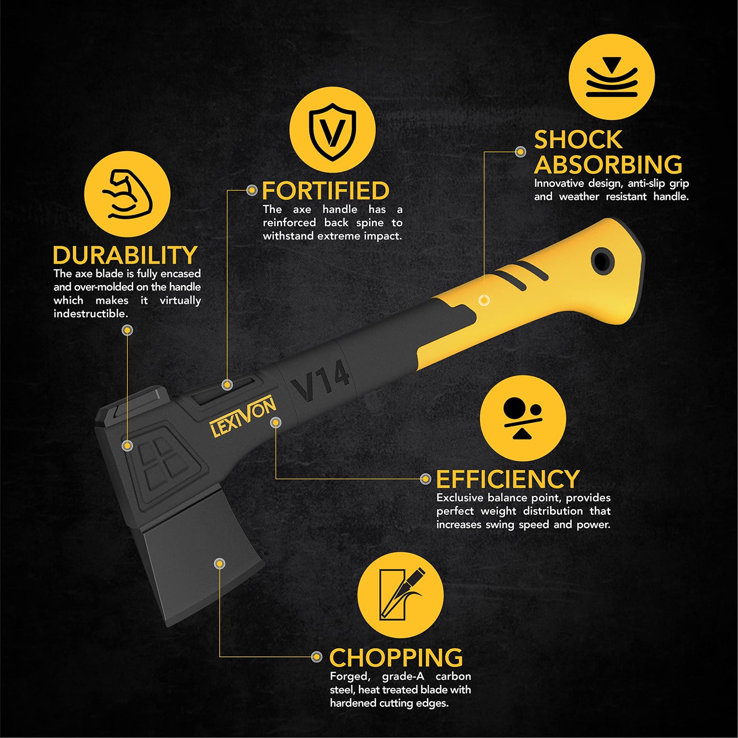 LEXIVON V14 Camping Hatchet, 14-Inch Axe | Ergonomic TPR Grip, Lightweight Fiber-Glass Composite Handle | Protective Carrying Sheath Included (LX-V14) LEXIVON