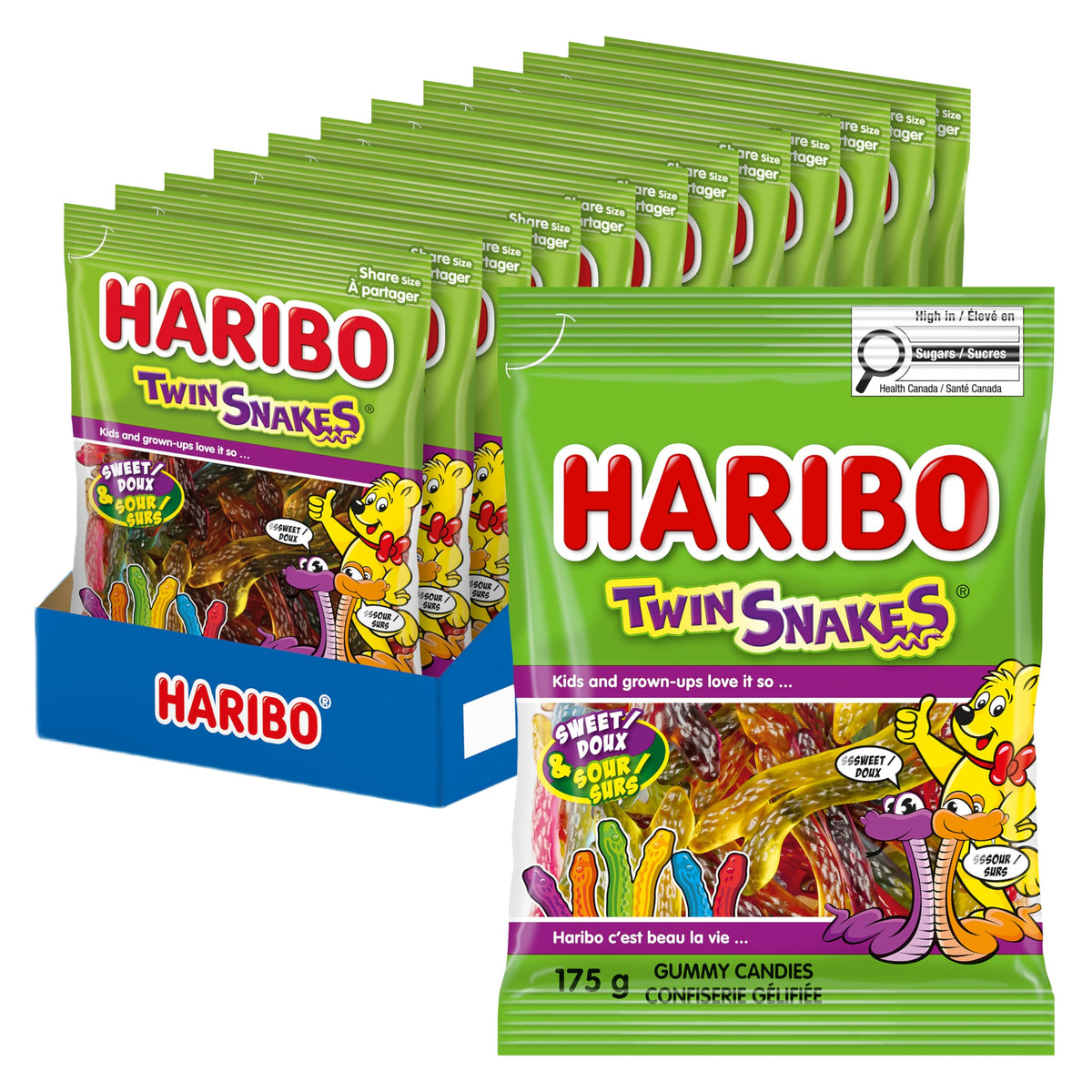 Haribo Twin Snakes Sweet & Sour Gummy Candy, 6 Fruity Flavours, No Artificial Colours - Pack of 12 Box (175g)