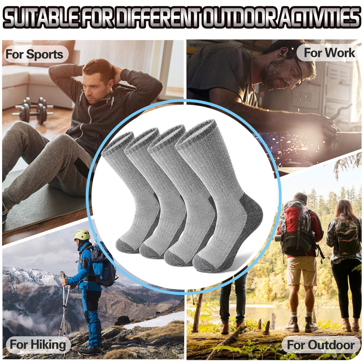 ProEtrade Merino Wool Hiking Socks for Men & Women Thermal Winter Warm Crew Thick Cushion Work Cozy Socks 4 Pairs Gifts Stockling Stuffers for Men(Classic Grey,L) 🍁 All In One Marketplace Canada