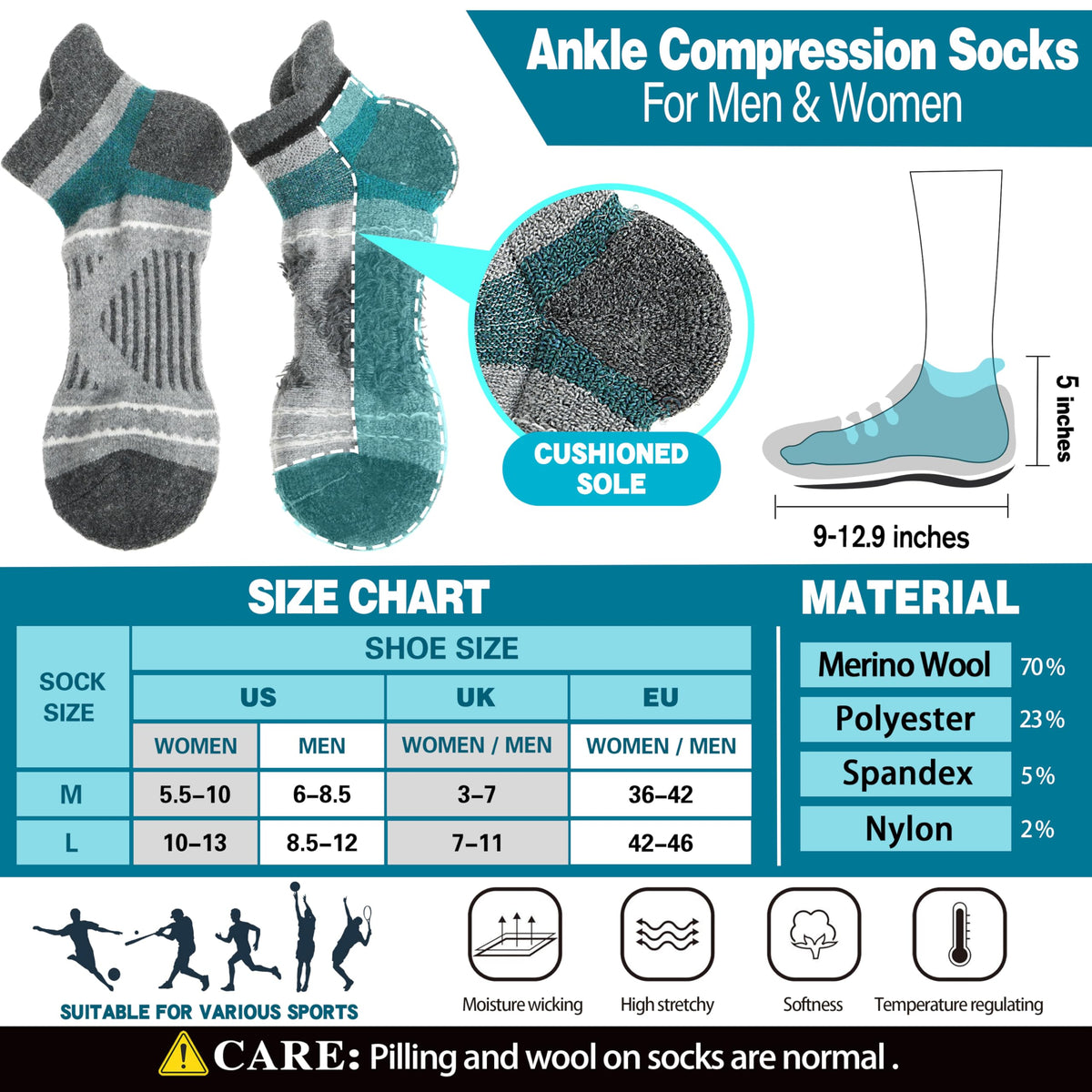Merino Wool Ankle Hiking Running Socks Warm Thermal Winter Thick Compression Cushion No Show Moisture Wicking Gifts Stocking Stuffers Socks for Men 6 Pairs(Mix,L) 🍁 All In One Marketplace Canada