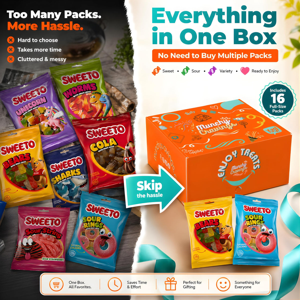 MunchyCravings Gummy Candy Variety Box (16 Packs, Up to 8 Flavours) – Snack Box with Sweet & Sour Gummies – Candy Gift Box for Men, Women, Kids & Adults – Care Package for Birthdays, Christmas & Halloween 🍁 All In One Marketplace Canada