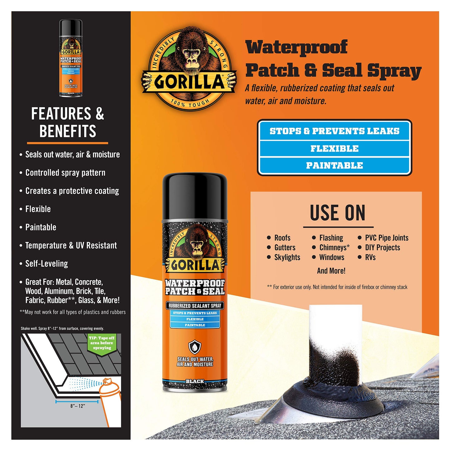 Gorilla Waterproof Patch & Seal Spray, Flexible Rubberized Coating, Seals Out Water Air & Moisture, Stops & Prevents Leaks, Black, 16oz/453g, (Pack of 1) GORILLA