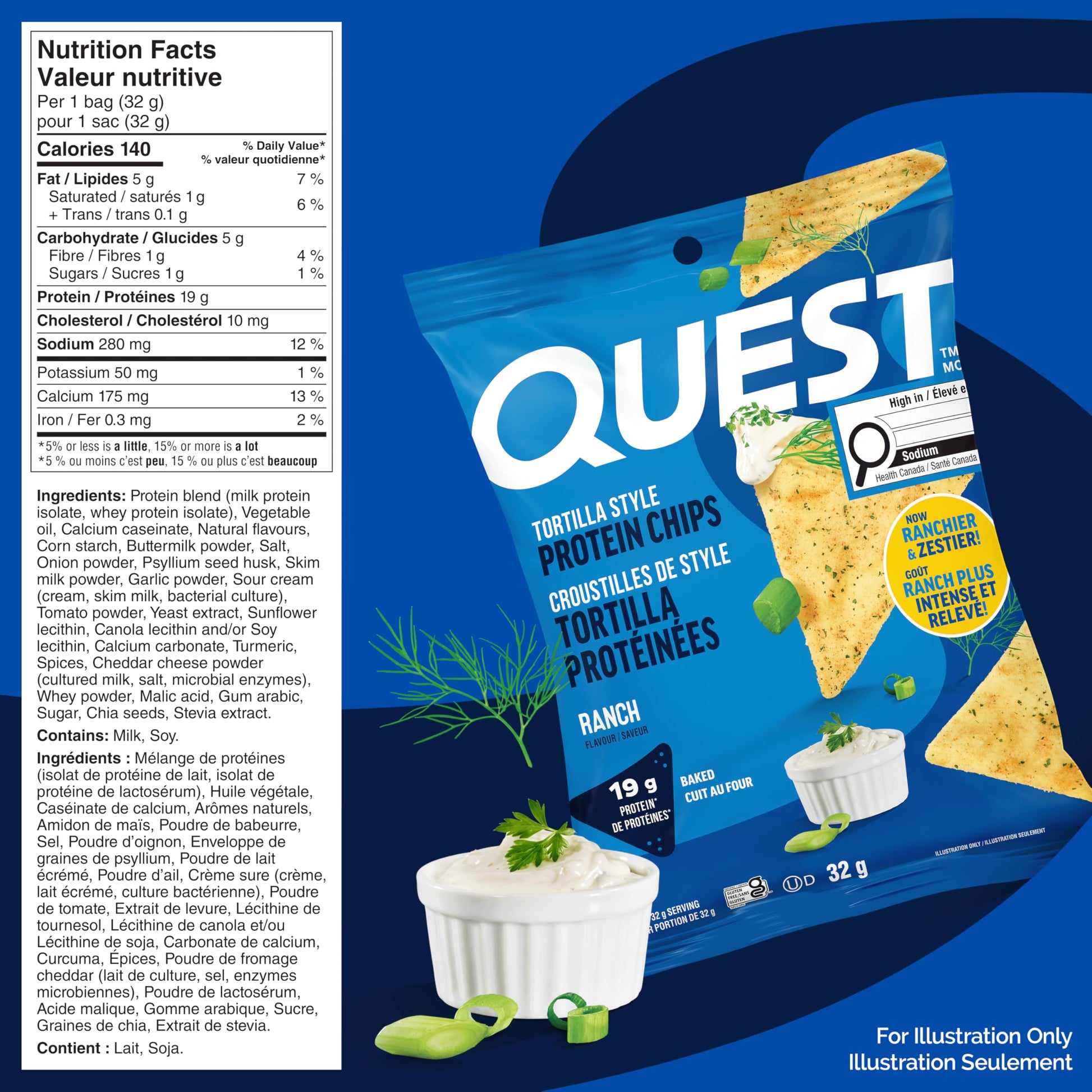 Quest Nutrition Tortilla Style Protein Chips, Ranch, High Protein, Baked, Not Fried, Gluten Free, 1g Sugar, 5g Carbs, 8ct