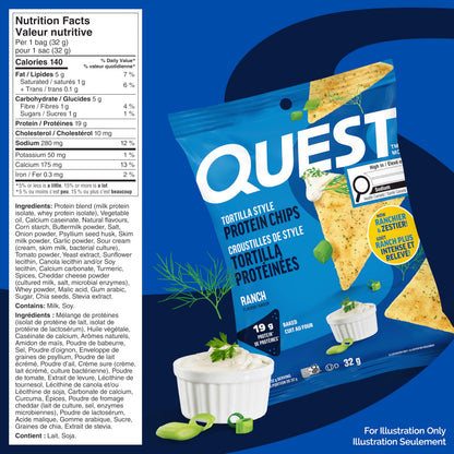 Quest Nutrition Tortilla Style Protein Chips, Ranch, High Protein, Baked, Not Fried, Gluten Free, 1g Sugar, 5g Carbs, 8ct