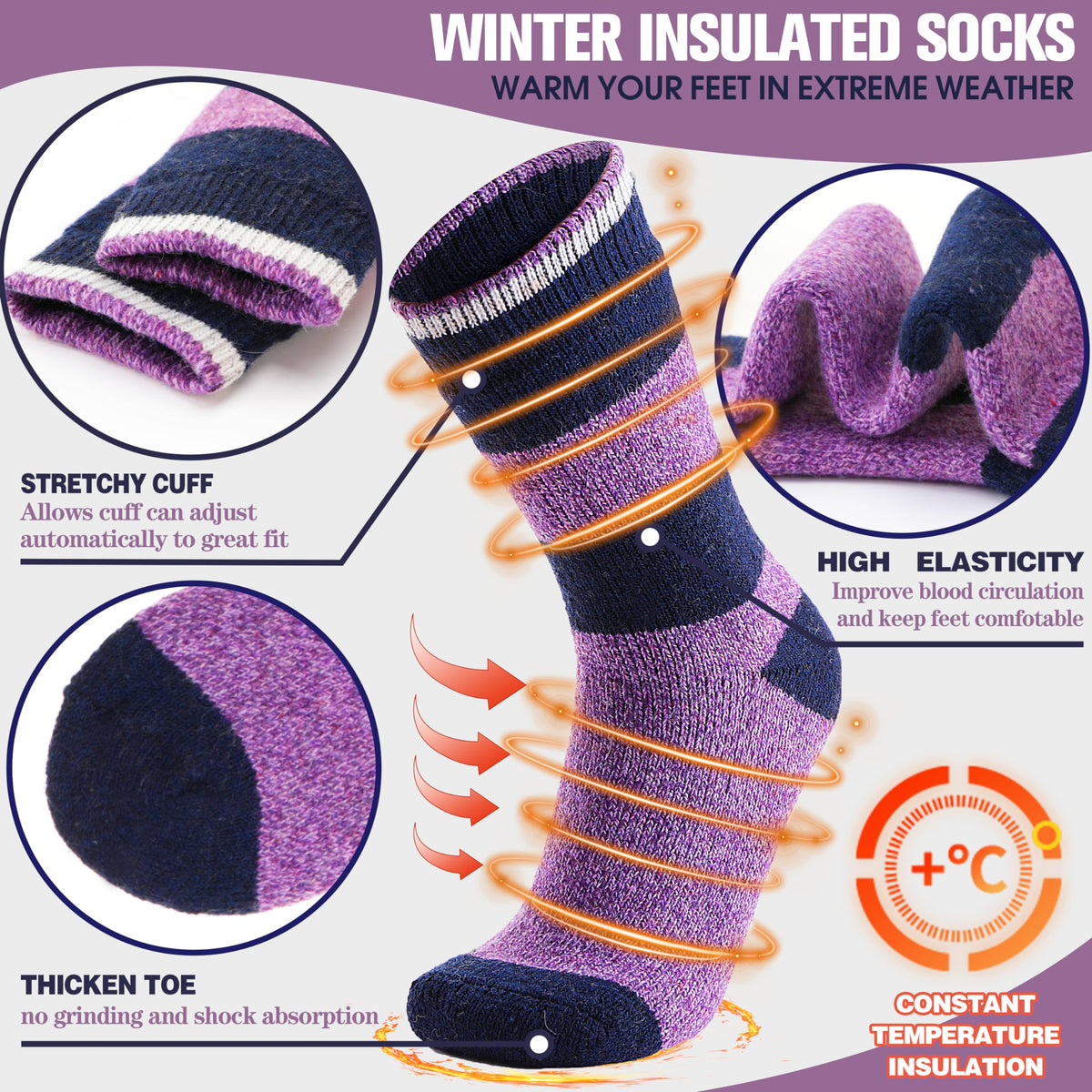 MOGGEI Heated Thermal Socks for Men Women Winter Warm Thick Insulated Ski Crew Socks Gift Stocking Stuffers for Women 3 Pairs(Purple/Black/Light Grey,M) 🍁 All In One Marketplace Canada