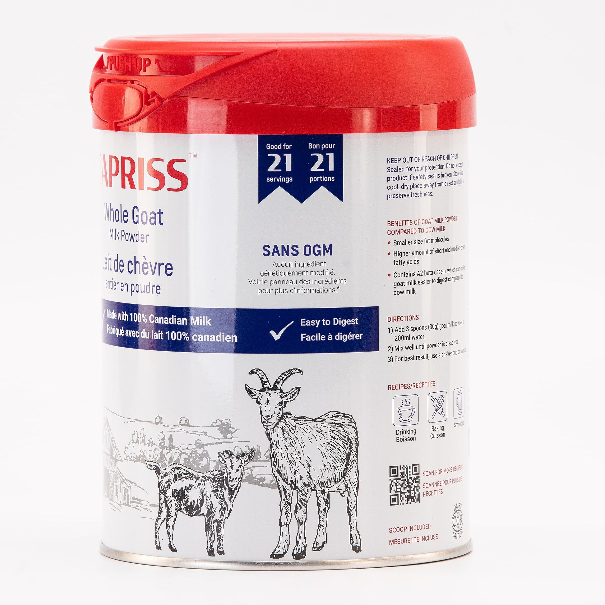 CAPRISS Whole Goat Milk Powder 640g – Vitamin D3 Enriched, 100% Canadian, Antibiotic-Free, Gentle Digestion