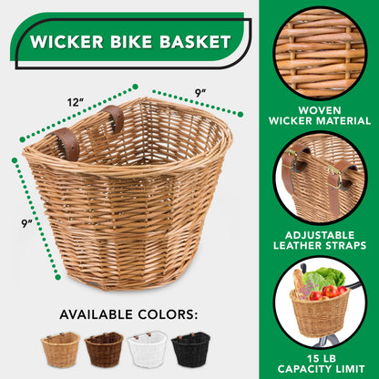 ProSource Wicker Bike Basket Front Cargo for Women and Men, Fits Most Bicycles, Beach Cruisers, Stationary Equipment, and Ebikes, Light Brown ProSource