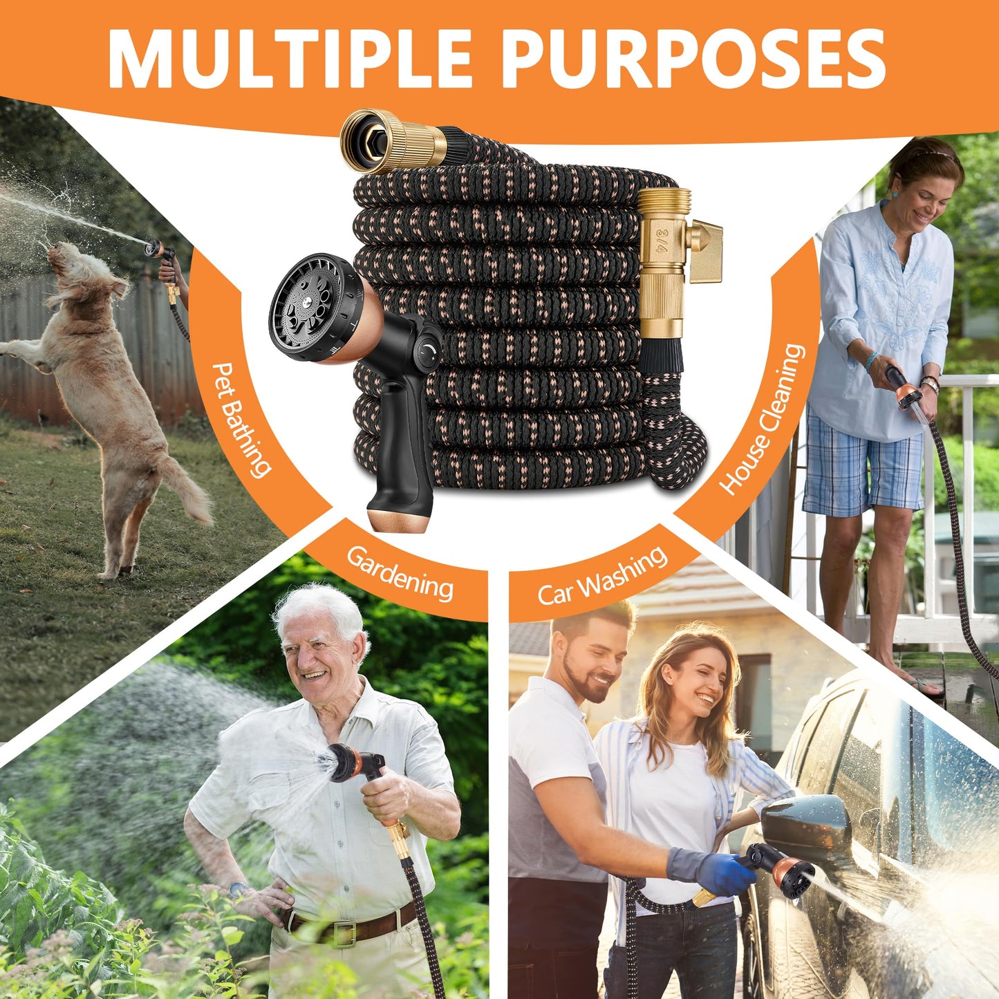 50 Foot Garden Hose – 2026 Upgarded Expandable Garden Hose w/10 Pattern Spray Nozzle, 650psi Brass 3/4” Fittings – Lightweight, Durable, Kink-Free, Retractable Water Hoses for Gardening(Black Gold)