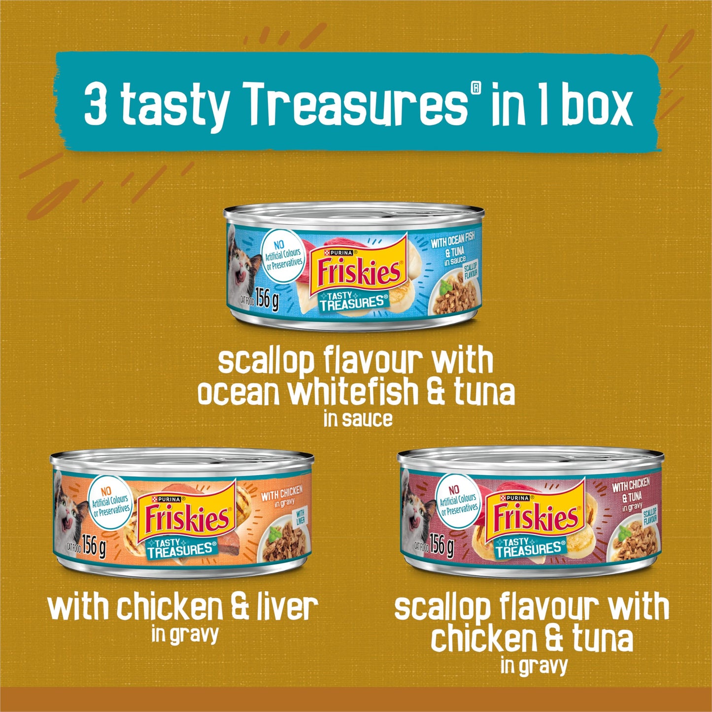 Friskies Tasty Treasures Wet Cat Food, Poultry & Fish Combo Variety Pack 3 Flavours - 156 g Can (24 Pack)