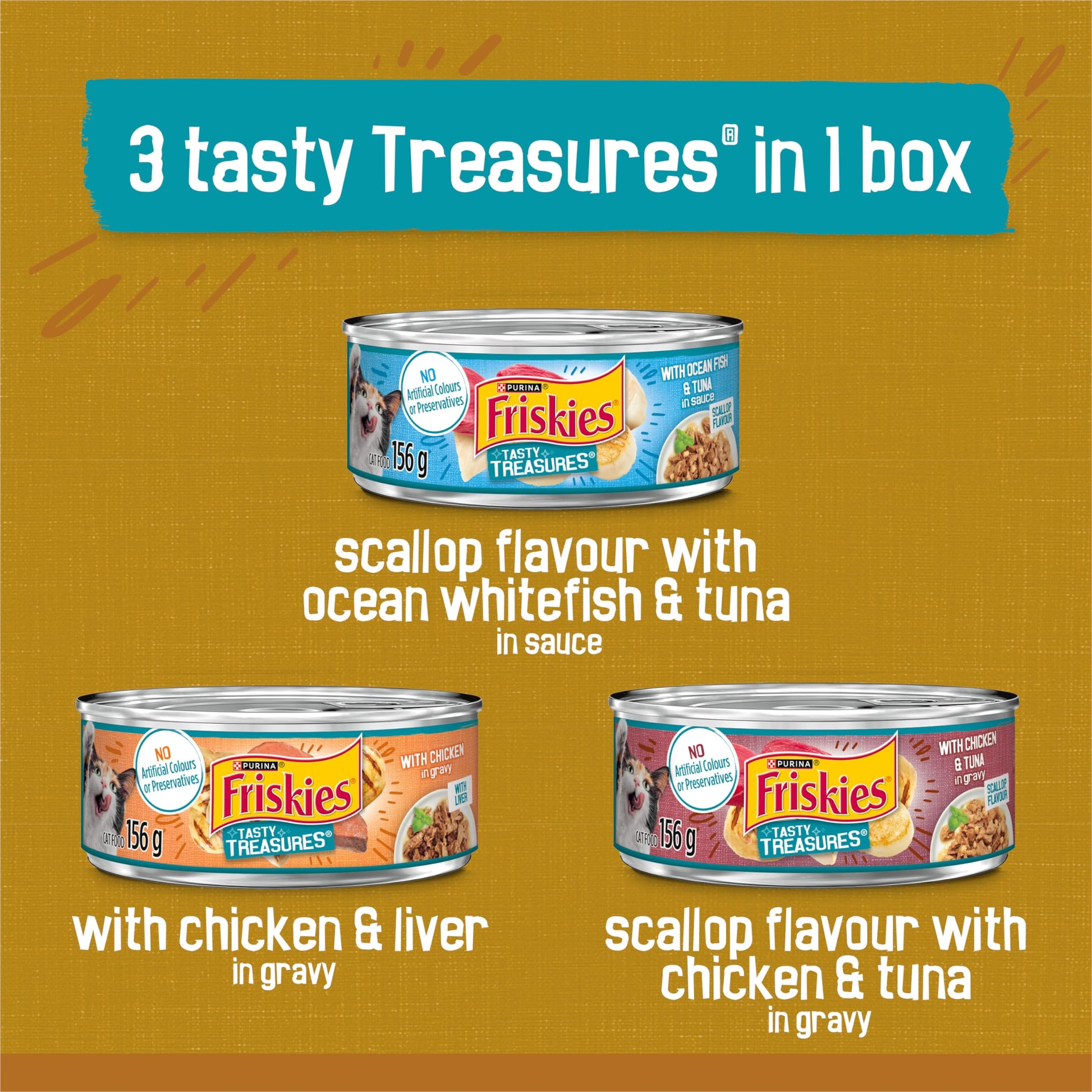 Friskies Tasty Treasures Wet Cat Food, Poultry & Fish Combo Variety Pack 3 Flavours - 156 g Can (24 Pack)