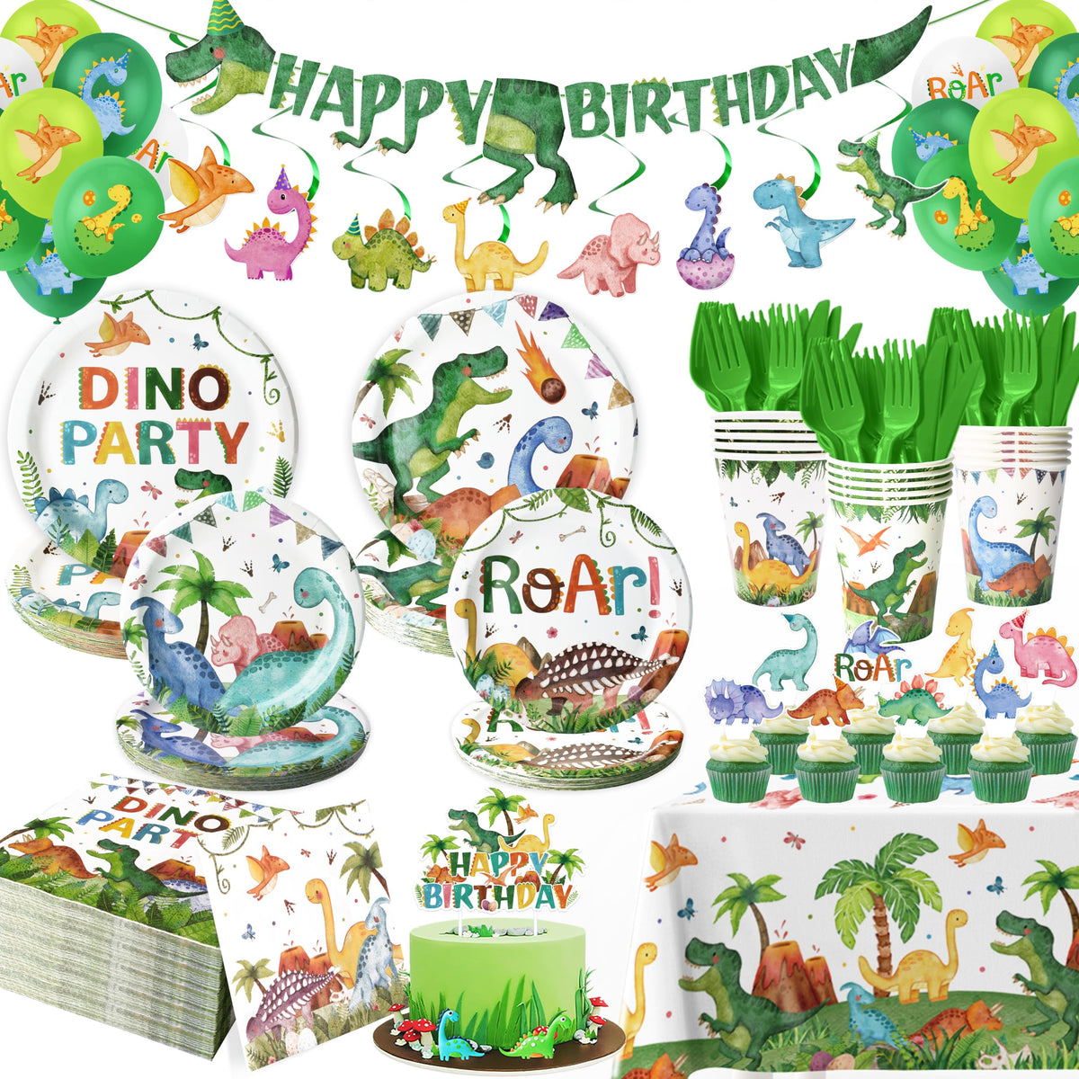 189 Pcs Dinosaur Birthday Party Supplies Set - Serves 24, Dino Decorations Kit with Banner, Balloons, Swirls, Cake Toppers, Tableware & Tablecloth for Kids' Birthday Party 🍁 All In One Marketplace Canada