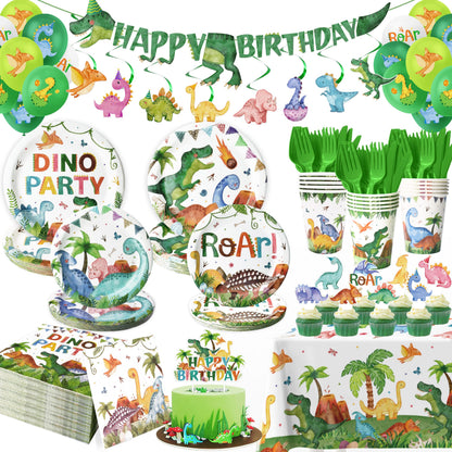 189 Pcs Dinosaur Birthday Party Supplies Set - Serves 24, Dino Decorations Kit with Banner, Balloons, Swirls, Cake Toppers, Tableware & Tablecloth for Kids' Birthday Party 🍁 All In One Marketplace Canada
