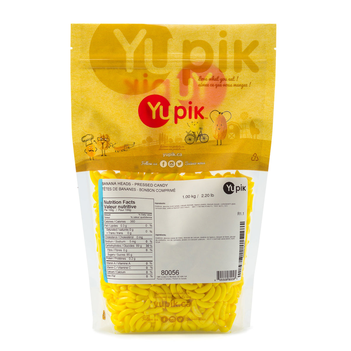 Bonbons pressés têtes de banane Yupik, 1 kg, paquet de 6, casher, sans gluten, goût fruité, friandises en forme de banane, recharges pour distributeurs de bonbons, amusants et nostalgiques, idéal pour offrir, Halloween et fêtes